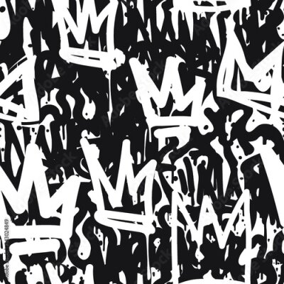 Poster Vector tags seamless pattern. Fashion black and white graffiti hand drawing design texture in hip hop street art style for t-shirt skateboard textile