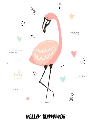 Vector tropical illustration of a cute flamingo with hearts, stars, dots, waves. Hand-drawn exotic poster for kids, holidays, clothes, decor, textile, fabric, cards. Hello summer