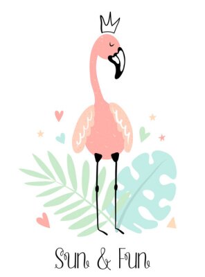 Sticker Vector tropical illustration of a flamingo in the crown with monstera, leaf, hearts, stars. Hand-drawn summer exotic poster for kids, holidays, clothes, decor, textile, fabric, card. Sun and Fun