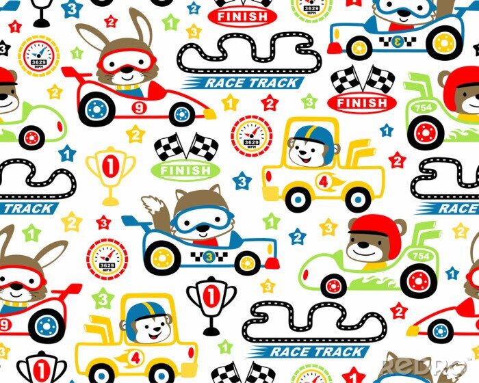 Poster Vector van naadloos patroon met autorennenbeeldverhaal
