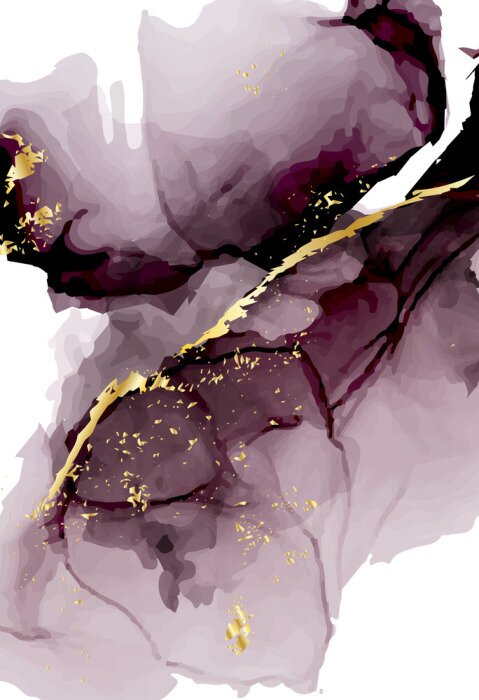 Poster Vector watercolor repetition liquid flow in tender dark violet grey colors with gold glitters. Vector alcohol ink grunge abstract background. Wedding abstract  decoration design.