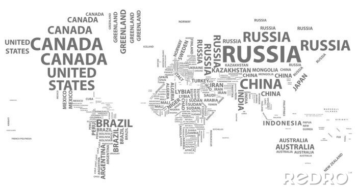 Poster Vector wereldkaart met landnamen in typografie