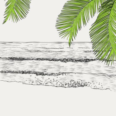 Poster Vector zomer zeegezicht schets. Zeezicht en strand