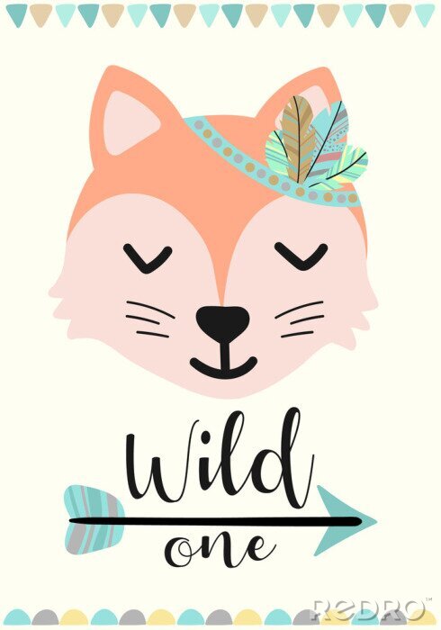 Poster Vectorbeeld van een vos in de stijl van Boho. Een cartoon handgetekende illustratie van dieren met de inscriptie Wild voor gebruik als een afdruk voor kinderen, op Baby Shower, banner, briefkaart, pos