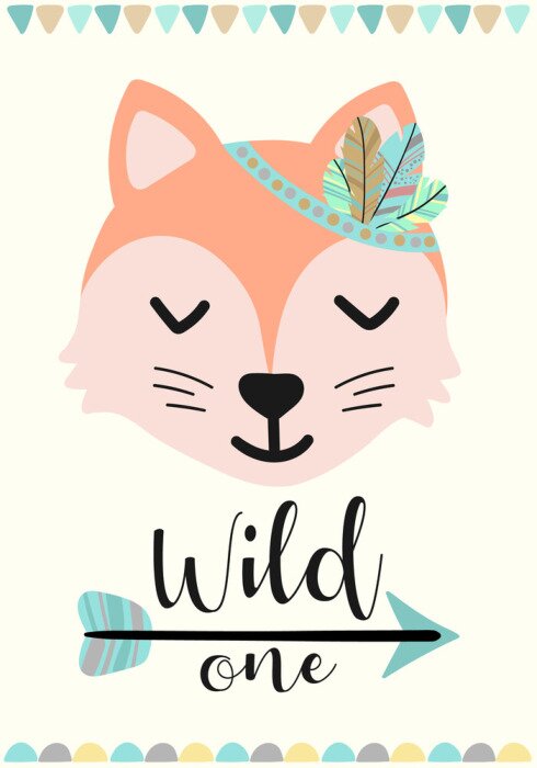 Poster Vectorbeeld van een vos in de stijl van Boho. Een cartoon handgetekende illustratie van dieren met de inscriptie Wild voor gebruik als een afdruk voor kinderen, op Baby Shower, banner, briefkaart, pos