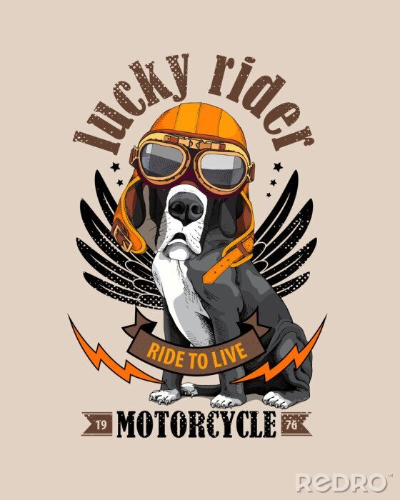 Poster Vectorillustratie met Great Dane Dog in een fietserglazen en oranje helm op een beige achtergrond. Lucky rider - belettering citaat. Inspiratie poster, embleem ontwerp, hand getrokken stijl t-shirt af