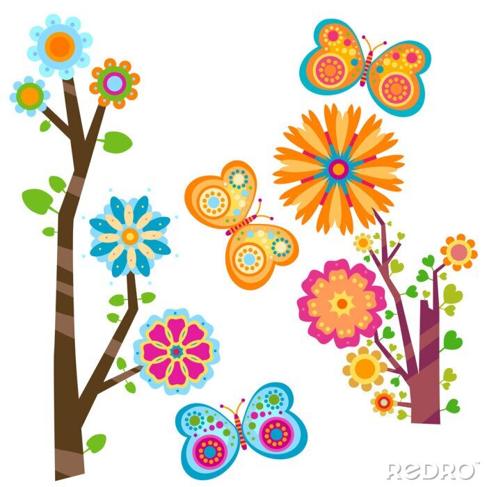 Poster Veelkleurige afbeeldingen van bloemen, vlinders en bomen