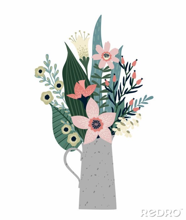 Poster Veelkleurige bloemen en grote bladeren in een vaas
