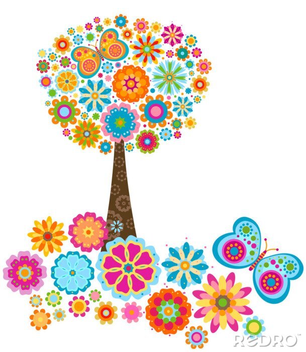Poster Veelkleurige boomafbeelding samengesteld uit bloemen