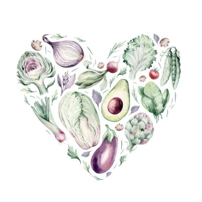 Vegetables healthy green organic set watercolor heart shape artichoke, broccoli, spinach, celery vitamin Cabbage, leek and onion illustration. Isolated lettuce and radish. sketch eggplant mushroom.