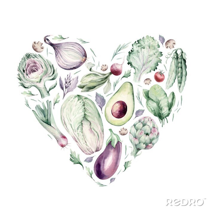 Poster Vegetables healthy green organic set watercolor heart shape artichoke, broccoli, spinach, celery vitamin Cabbage, leek and onion illustration. Isolated lettuce and radish. sketch eggplant mushroom.