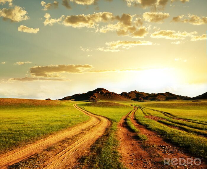 Poster Velden en heuvels tegen de hemel