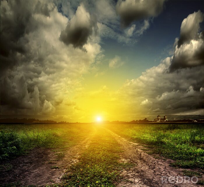 Poster Veldlandschap bij zonsondergang