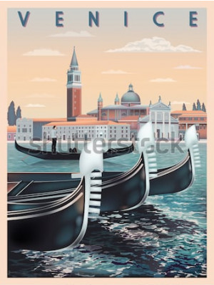 Poster Venetië, retro gondels en het Venetiaanse bord.