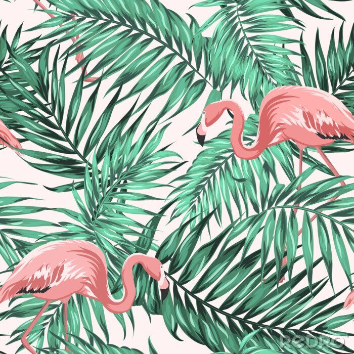Poster Verborgen flamingo's tussen bladeren