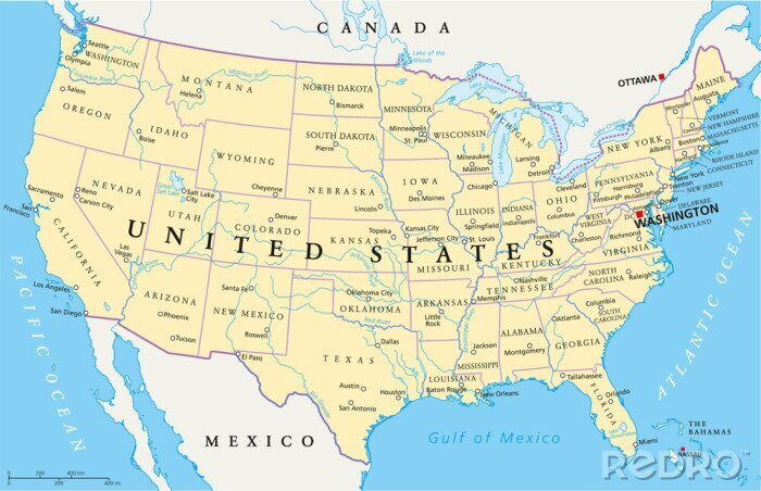 Poster Verenigde Staten van Amerika Politieke kaart met enkele staten