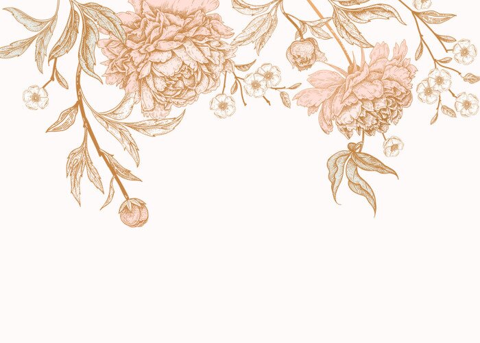 Poster Vergulde pioenrozen en kleine bloemetjes