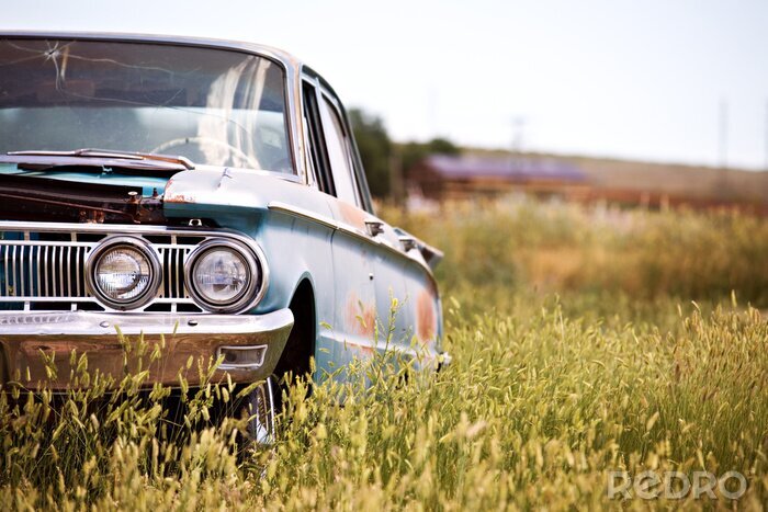 Poster verlaten klassieke auto in een veld in landelijke Wyoming