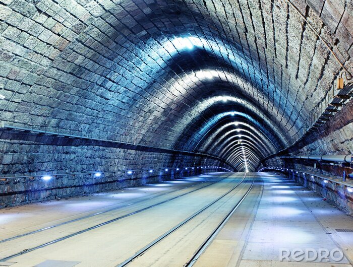 Poster Verlichte bakstenen tunnel in 3D