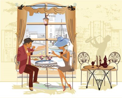 Poster Verliefde stelletjes zitten aan een tafeltje in een café.