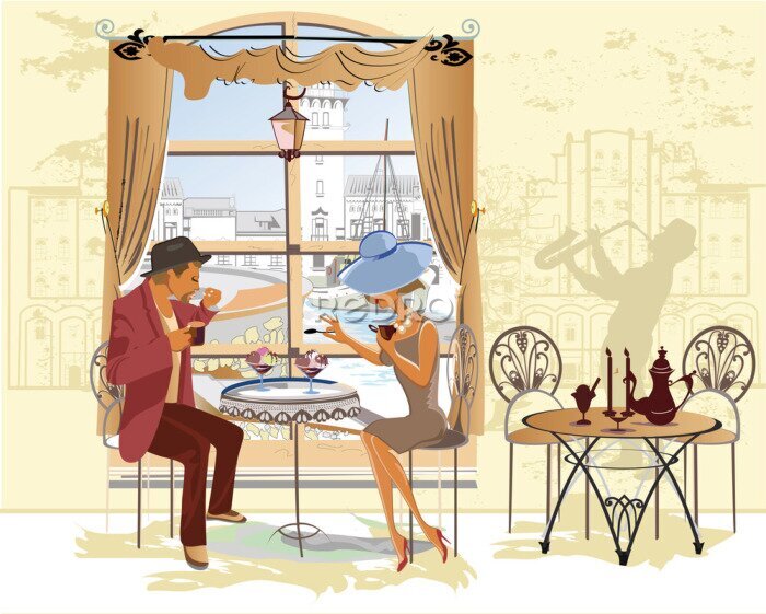 Poster Verliefde stelletjes zitten aan een tafeltje in een café.