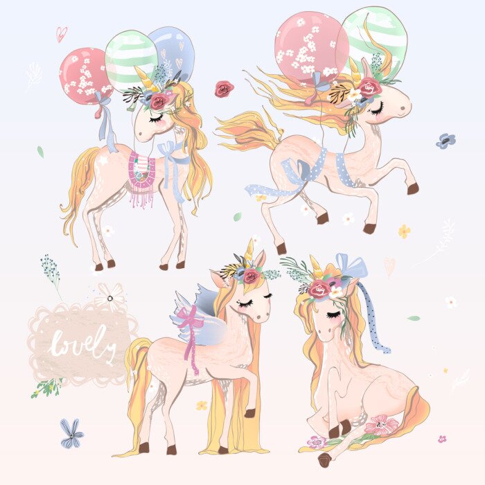 Poster Vier eenhoorns in verschillende poses en ballonnen