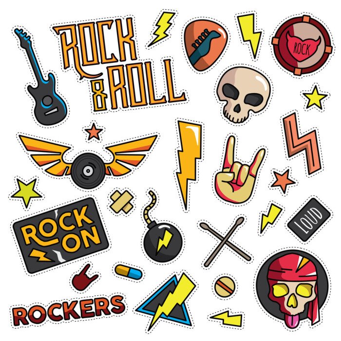 Poster Vintage 80s-90s Rock & Roll mode cartoon illustratie set geschikt voor badges, pinnen, sticker, patches, stof, denim, borduurwerk en andere mode gerelateerde doel