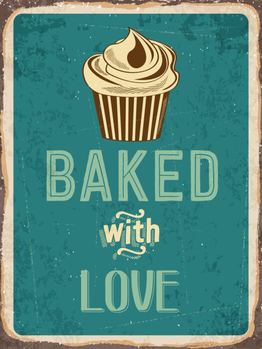 Poster Vintage afbeelding met een cupcake en de tekst "Gebakken met liefde".