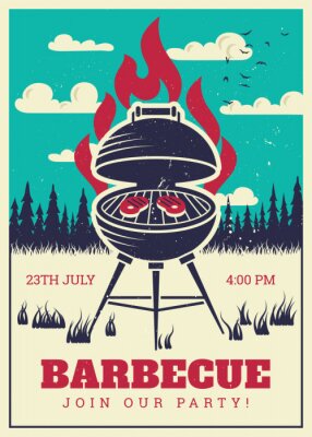 Poster Vintage BBQ-grill partij poster. Heerlijke gegrilde burgers, familie barbecue vector uitnodigingskaart