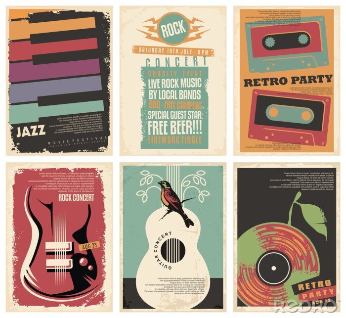 Poster Vintage collection of musical posters. Flyers set for retro parties, rock and jazz concerts, classical guitar events and other music festivals. Retro vector illustration.