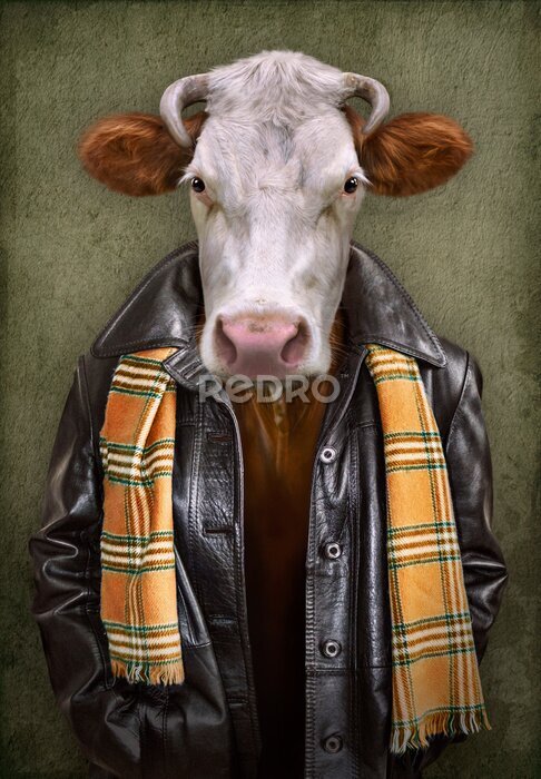 Poster Vintage concept van een koe in kleding