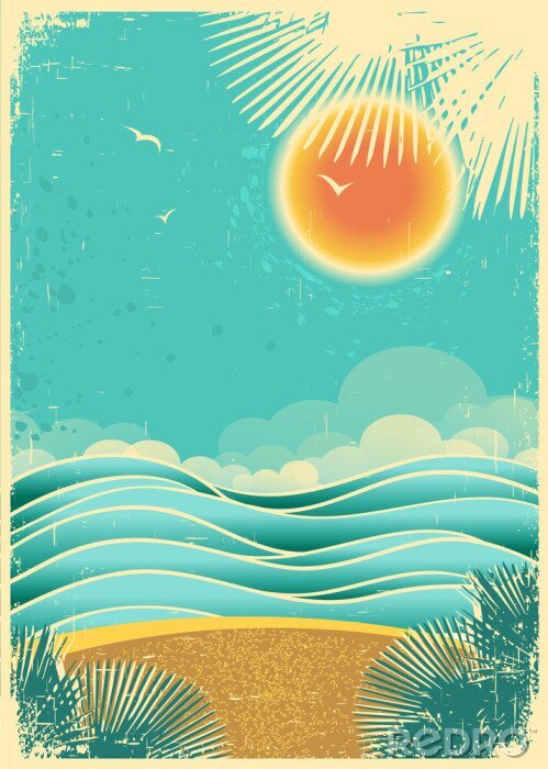 Poster Vintage natuur tropische zeegezicht achtergrond met zonlicht en pa