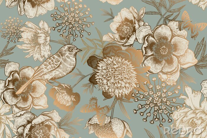 Poster Vintage Oosterse bloemen en vogels