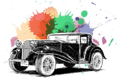 Poster Vintage Retro Klassieke Oude Auto met kleurrijke inkt spatten Vector I
