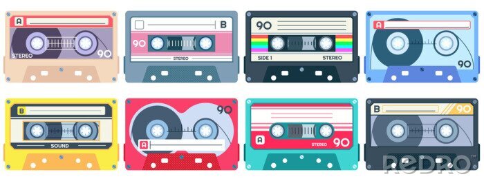 Poster Vintage tape cassette. Retro mixtape, 1980s pop songs tapes and stereo music cassettes. 90s hifi disco dance audiocassette, analogue player record cassette. Isolated symbols vector set
