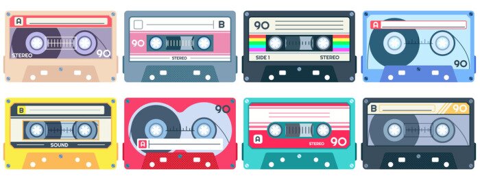 Poster Vintage tape cassette. Retro mixtape, 1980s pop songs tapes and stereo music cassettes. 90s hifi disco dance audiocassette, analogue player record cassette. Isolated symbols vector set