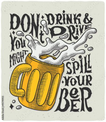 Poster Vintage tekening van een mok met schuimend bier en een opschrift.