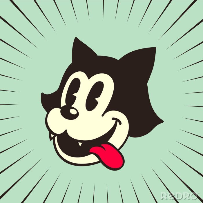 Poster vintage toons: retro cartoon kat karakter glimlachen tong uit
