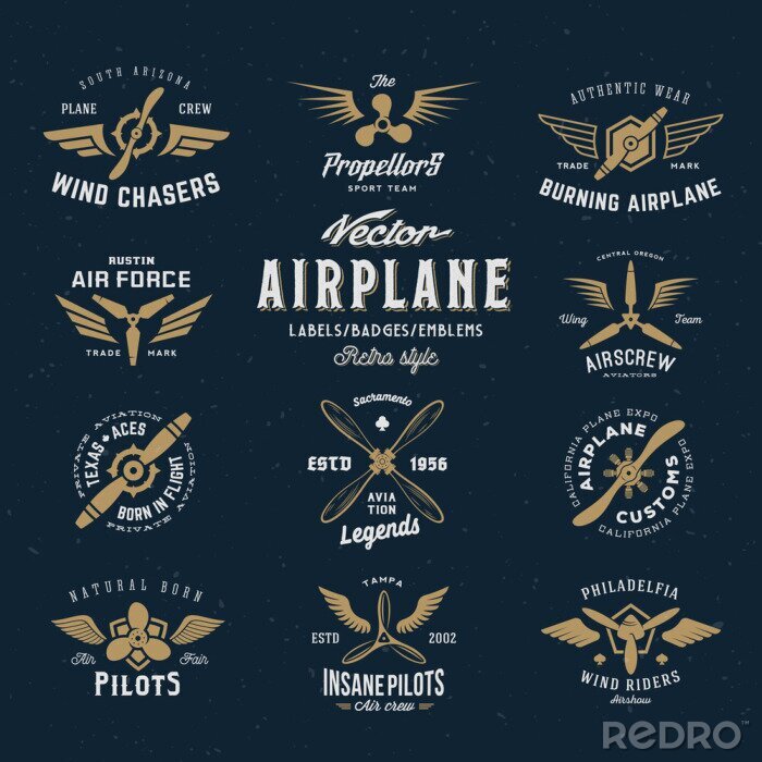 Poster Vintage Vector Airplane etiketten set met Retro Typografie. Shabby Textuur op blauwe achtergrond