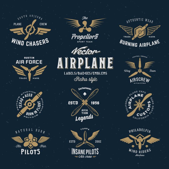 Poster Vintage Vector Airplane etiketten set met Retro Typografie. Shabby Textuur op blauwe achtergrond