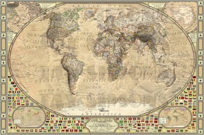 Vintage wereldkaart met afbeeldingen van vlaggen