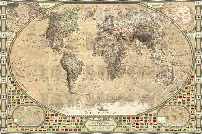 Poster Vintage wereldkaart met afbeeldingen van vlaggen