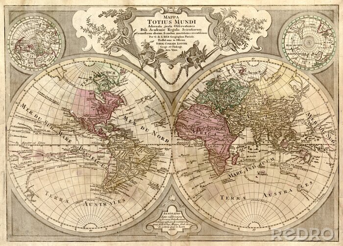 Poster Vintage wereldkaart met hemisferen