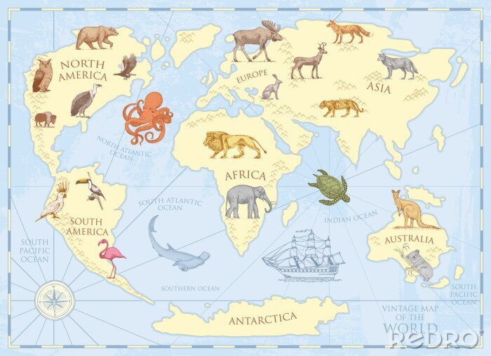 Poster Vintage wereldkaart met wilde dieren en bergen. Zeedieren in de oceaan. Oud retro perkament. dieren in het wild op aarde concept. achtergrond of poster voor kinderen. gegraveerde hand getrokken, vaste