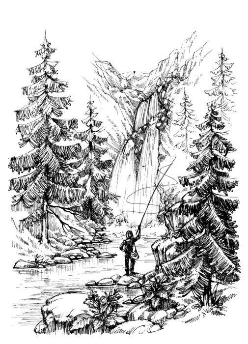 Poster Visser die in de bergen rivier