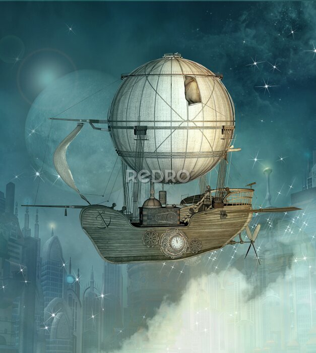 Poster Vliegmachine in steampunkstijl