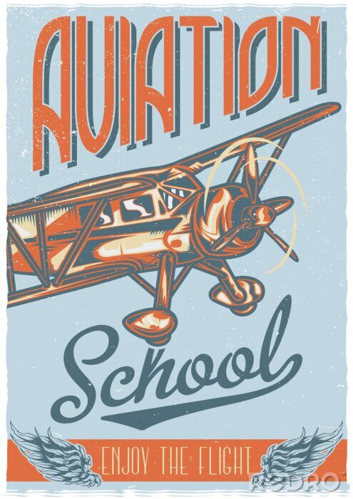 Poster Vliegschool en vliegtuig in retrostijl