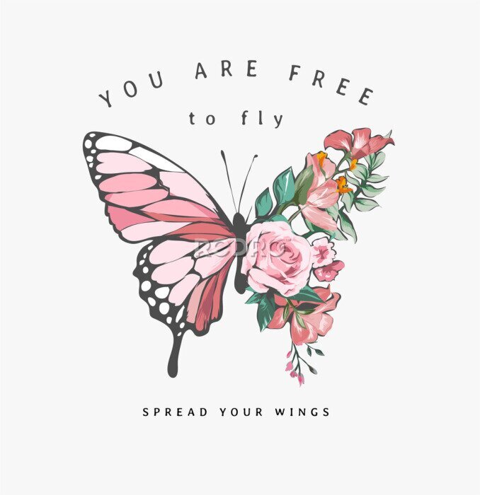 Poster Vlinder met bloemen en motiverende slogan