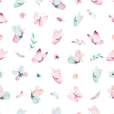Behang Vlinders en bloemetjes in pasteltinten