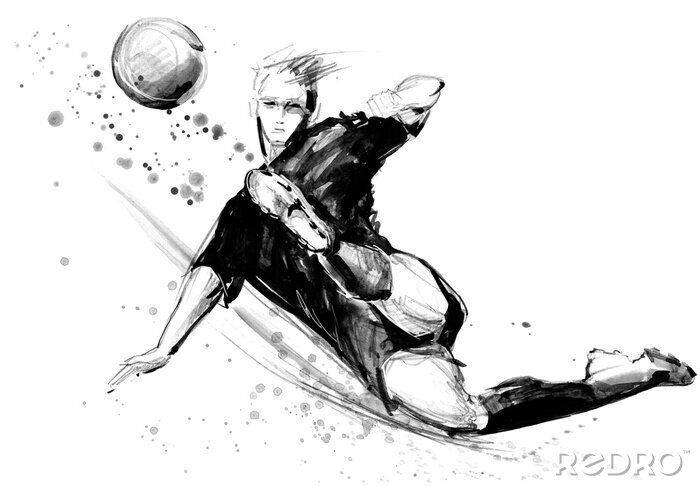 Poster voetbalster in actie op witte achtergrond. Illustratie van de het silhouet de hand getrokken schets van het voetbal